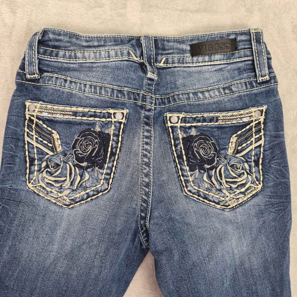Vigoss 0 (26) Slim Boot Blue Jeans Women Embroidered Rose Sequin Medium Wash Low